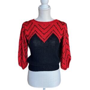 Vintage 80’s Lillie Rubin Beaded Hand Knit Sweater﻿ Red and Black Small INVH2
